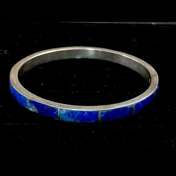 Vintage Native American Sterling Silver & Lapis Inlay Cuff Bracelet - Picture 8 of 10